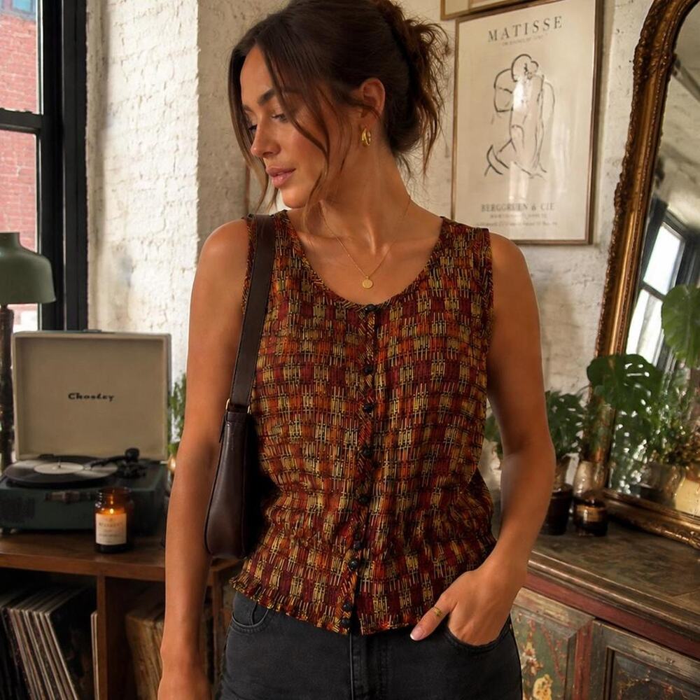 Liz Claiborne Geometric Print Button Front Sleeveless Top M